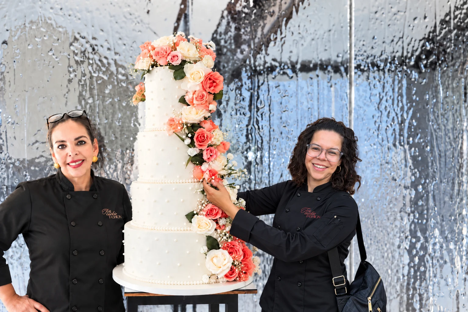 Rita Marichal y Olga Villafranca junto a un pastel de boda